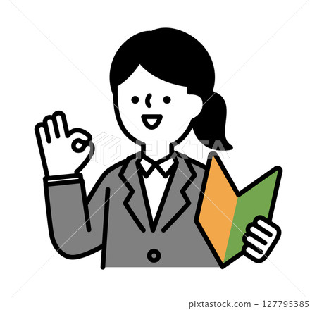 Vector illustration of a smiling business woman posing positively while holding a beginner's mark Vector illustration of a smiling business woman posing positively while holding a beginner's mark 127795385