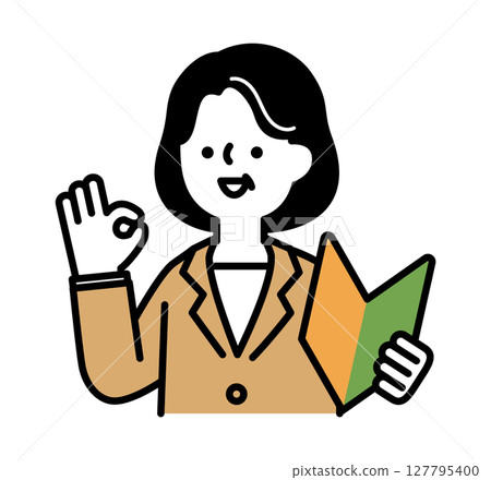 Vector illustration of a smiling middle-aged and senior women posing positively while holding a beginner's mark 127795400