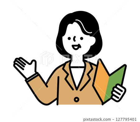 Vector illustration of a middle-aged and senior woman in a suit holding a beginner's mark and smiling 127795401