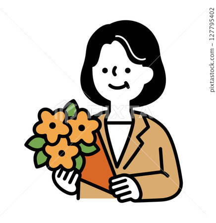 Vector illustration of a smiling middle-aged woman in a suit holding a bouquet of flowers 127795402