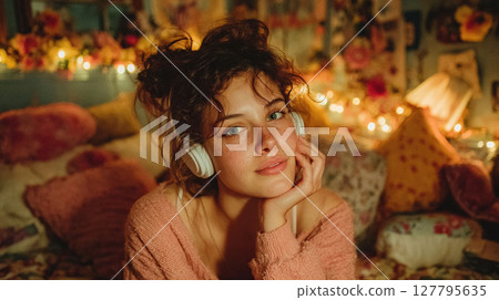 Teen relaxes in cozy bedroom nook, wearing wireless headphones, surrounded by cushions and ambient lighting, enjoying music Teen relaxes in cozy bedroom nook, wearing wireless headphones, surrounded by cushions and ambient lighting, enjoying music 127795635