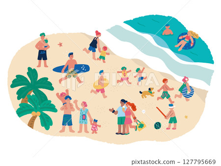 海邊和人們享受夏日的橫向構圖插圖 127795669