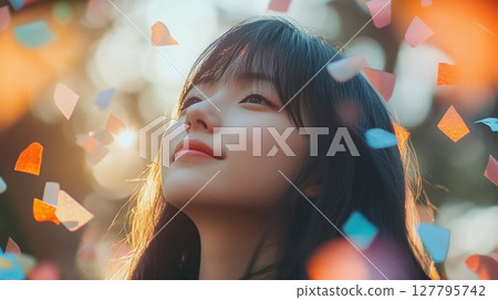 Young Asian woman looks up with a serene expression amidst falling confetti in warm dreamlike lighting. Ideal for themes of joy, celebration and hope 127795742