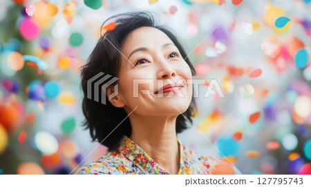 Happy mature Asian woman looks up with joyful smile as colorful confetti falls around her. Ideal for themes of celebration, success and positive emotions 127795743