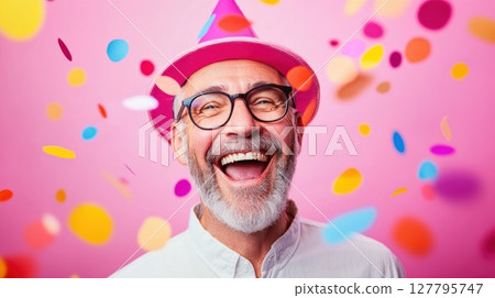 Laughing senior man in a pink party hat and glasses is surrounded by colorful confetti against pink background. Ideal for themes of joy, celebration and milestones Laughing senior man in a pink party hat and glasses is surrounded by colorful confetti against pink background. Ideal for themes of joy, celebration and milestones 127795747