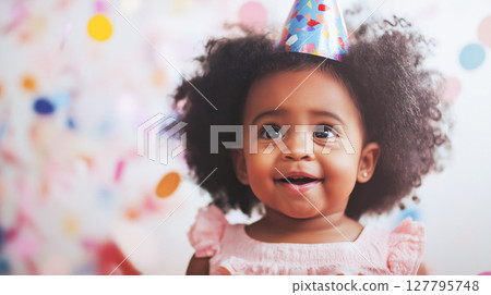 Sweet African American girl with curly hair wearing patterned party hat, looks up with happy expression against soft colorful background. Concept: toddler birthday, precious moment Sweet African American girl with curly hair wearing patterned party hat, looks up with happy expression against soft colorful background. Concept: toddler birthday, precious moment 127795748