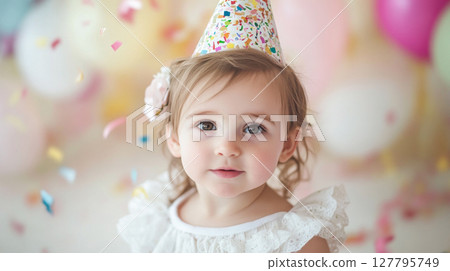 Charming toddler girl in party hat and white dress looks directly at the camera surrounded by soft bokeh and falling confetti. Ideal for themes of birthdays, childhood and innocence 127795749