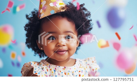 Charming portrait of smiling African-American baby girl wearing festive party hat against blue background with falling colorful confetti and blurred balloons. Joyful birthday celebration 127795751