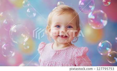 Joyous baby girl with blue eyes smiles widely surrounded by iridescent soap bubbles against soft colorful background. Perfect for themes of infancy, happiness and innocence Joyous baby girl with blue eyes smiles widely surrounded by iridescent soap bubbles against soft colorful background. Perfect for themes of infancy, happiness and innocence 127795753