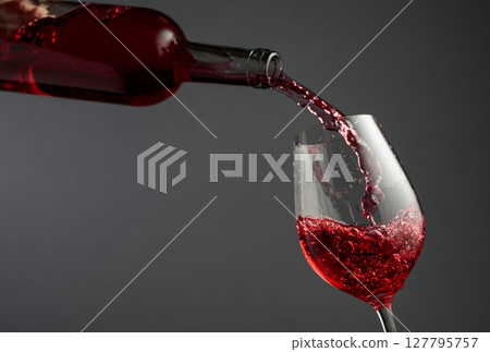 Pouring pink wine from a bottle into a glass. 127795757