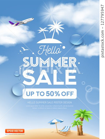 Summer sale island beach on cloud blue background poster design Summer sale island beach on cloud blue background poster design 127795947