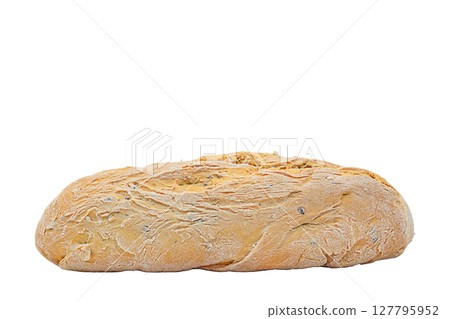 Photo of whole loaf of homemade white bread with side view at eye level, isolated on a white background with clipped path and copy space. Traditional food like symbol of good life, blank for artwork Photo of whole loaf of homemade white bread with side view at eye level, isolated on a white background with clipped path and copy space. Traditional food like symbol of good life, blank for artwork 127795952