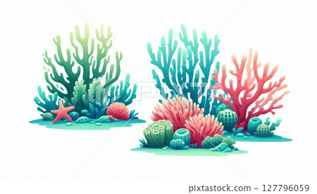 Underwater coral reef with marine plants, starfish, and sea life. Digital illustration of ocean ecosystem and aquatic biodiversity 127796059