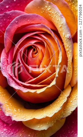 Macro shot of multicolored rose with water droplets on petals, close-up of blooming flower with dewdrops 127796084