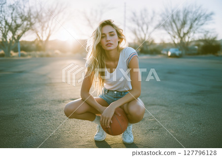 A woman is crouching down in front of a basketball 127796128