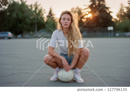 A woman is sitting on the ground with a soccer ball in front of her 127796130