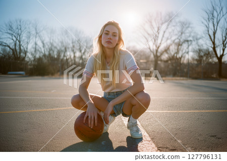 A woman is sitting on the ground with a basketball in her lap 127796131
