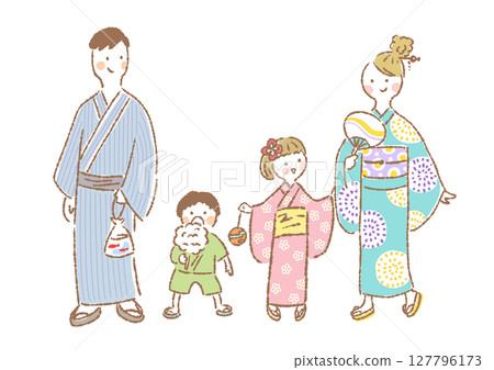 手繪插畫：一家四口身著浴衣，享受夏日祭典 127796173