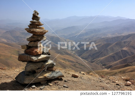 Rock stack in mountain landscape. Perfect for nature art or travel photos. Stunning hills add serene beauty. 127796191