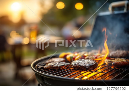 Grill food with burgers and veggies over open flames at sunset. Perfect for outdoor party scenes or BBQ recipes. Adds warm, inviting vibe to food blogs or cookbooks. 127796202