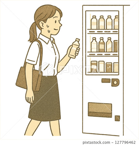 一位女商人利用夏季自動販賣機補充水分的插圖 127796462
