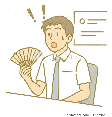 一位商人因天氣炎熱而驚訝地用折扇風的插圖 127796466