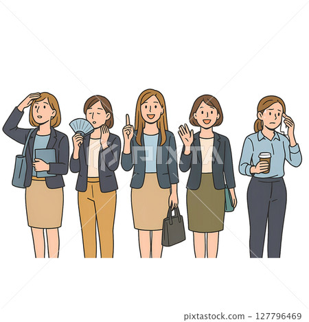 五位女性辦公室職員表現出各種表情和情緒的插圖素材 127796469