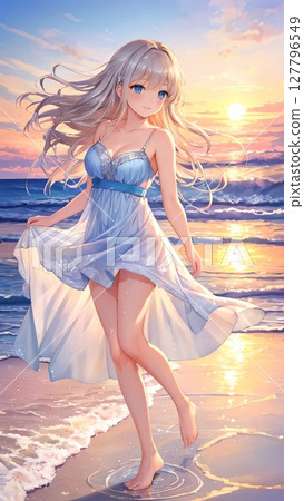 日落時分,微笑的年輕女士在沙灘上跳舞 日落時分,微笑的年輕女士在沙灘上跳舞 127796549