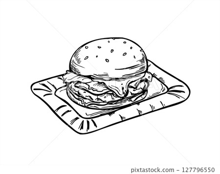 Monochrome smash burger served on rectangle paper plate vector illustration painted by black inks. BBQ sandwich with sesame seeds for for food menus, packaging, family weekend concept. 127796550