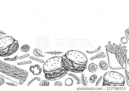Horizontal monochrome vector border with burger, fries, vegetable slices, herbs graphic line art sketch. Traditional street food illustration with empty space for text. For delivery apps, packaging. 127796553