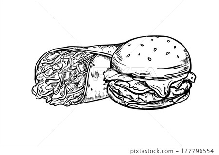Monochrome vector sesame burger and flour tortilla wraps with vegetables, grilled meat, salad leaves illustration painted by black inks. Etching drawing of classic homemade sandwich 127796554