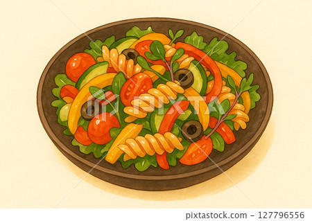 Fusilli Pasta Salad with Fresh Vegetables in a Bowl 127796556