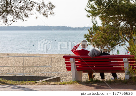 senior couple sitting on a bench looking at the sea 127796626