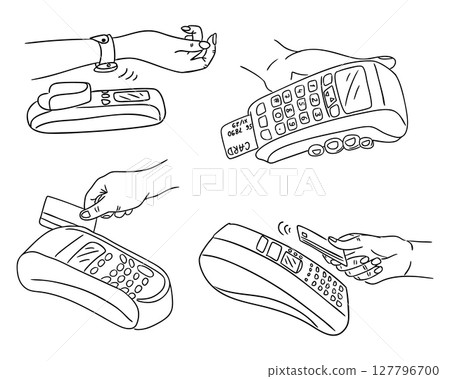 Collection of hand drawn illustrations showing different types of terminal payments via cards, phones and smartwatches Collection of hand drawn illustrations showing different types of terminal payments via cards, phones and smartwatches 127796700