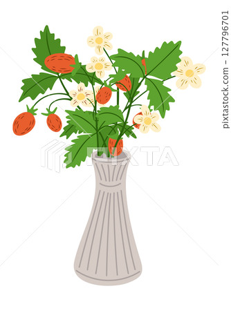 Colorful bouquet of strawberries, leaves and flowers arranged in a decorative vase Colorful bouquet of strawberries, leaves and flowers arranged in a decorative vase 127796701