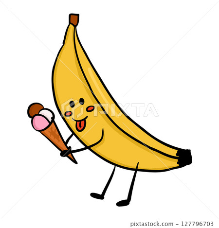 Cute banana character with smiling face holding an ice cream cone in a playful pose 127796703