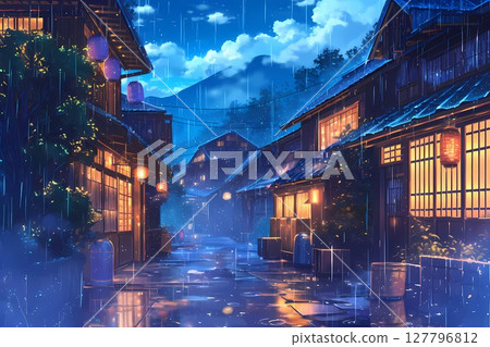 溫泉街的雨夜景色（動畫、插畫、背景） 127796812