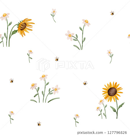 Seamless watercolor pattern with daisies, sunflowers, and bees. Hand-drawn floral and insect illustrations, perfect for children's textiles, nursery decor, and playful designs. Bright and cheerful. 127796826