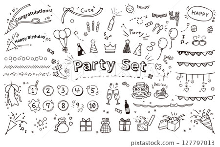 A set of hand-drawn illustrations of celebration goods / Cute designs that can be used for birthdays, events, and parties 127797013