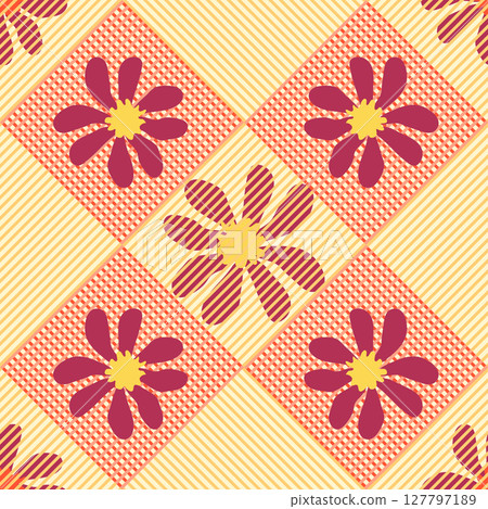 Seamless gingham pattern with cute daisy flowers, diagonals and checkered background. Tartan check for textile, packaging, holiday. Cozy cute baby background. 127797189