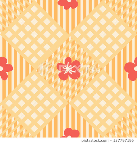 Seamless gingham pattern with cute daisy flowers, diagonals and checkered background. Tartan check for textile, packaging, holiday. Cozy cute baby background. 127797196