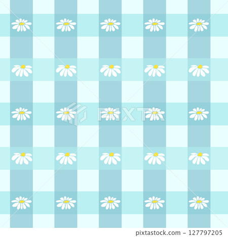 Seamless gingham pattern with cute daisy flowers, diagonals and checkered background. Tartan check for textile, packaging, holiday. Cozy cute baby background. 127797205