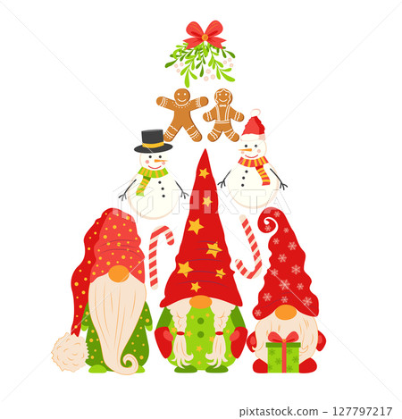 Triangle of gingerbread cookies, gnomes, christmas stockings, snowflakes forming christmas tree. Gift holiday vector elements Triangle of gingerbread cookies, gnomes, christmas stockings, snowflakes forming christmas tree. Gift holiday vector elements 127797217
