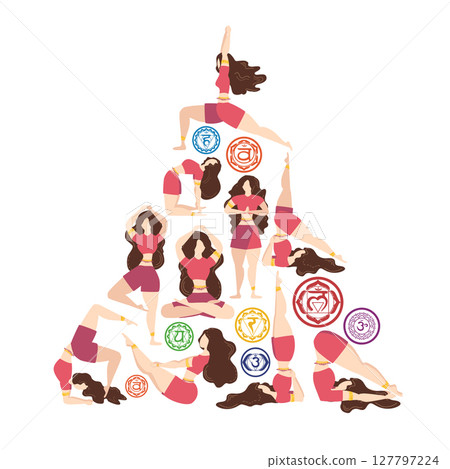 Christmas tree, triangle made of Chakra symbols and yoga poses made by woman. Christmas tree, triangle made of Chakra symbols and yoga poses made by woman. 127797224