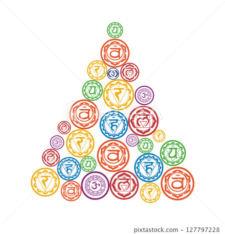 Christmas tree, triangle made of Chakra symbols and yoga poses made by woman 127797228