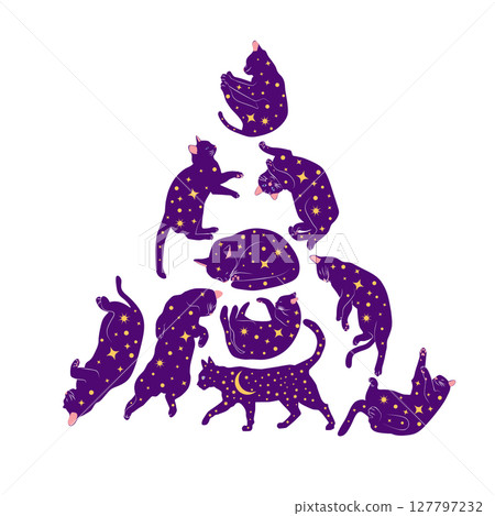 Christmas tree made of celestial cats. Greeting card for pet lovers. Pyramid of Christmas cat 127797232