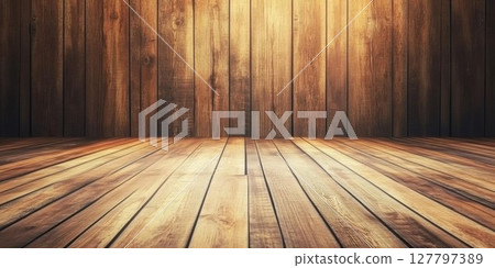 Empty Room with Wooden Wall and Floor Creates Rustic Ambiance. Empty Room with Wooden Wall and Floor Creates Rustic Ambiance. 127797389
