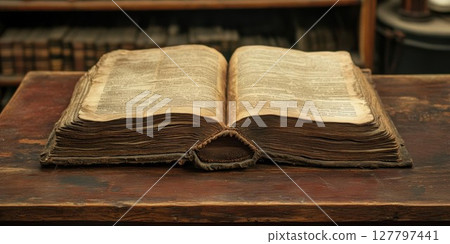 Open Old Book Rests on Wooden Table in Library, History and Literature Concept 127797441