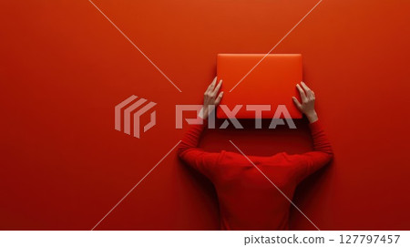 Person Holds Laptop on Red Background, Digital Detox, Minimalist Tech Person Holds Laptop on Red Background, Digital Detox, Minimalist Tech 127797457