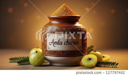 Traditional Amla Churna Powder in Ornate Ceramic Jar with Fresh Indian Gooseberries Traditional Amla Churna Powder in Ornate Ceramic Jar with Fresh Indian Gooseberries 127797482